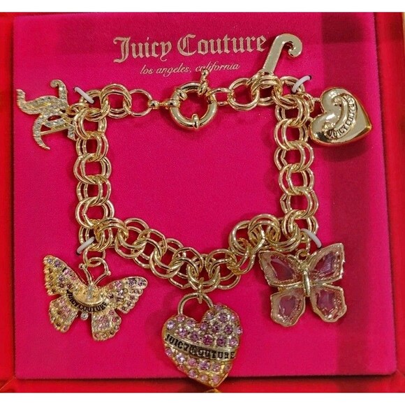 New Juicy Couture Goldtone Charm Bracelet 6 Charms Logo Y2K - Picture 1 of 3